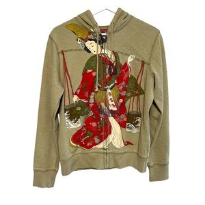 Y2K lucky brand L hoodie sweatshirt zip japan geisha graphic art boho indie